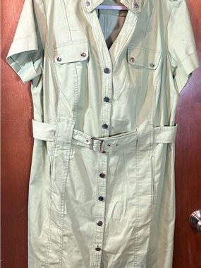 Sharagano Sage Green Button-Front Belted Midi Dress